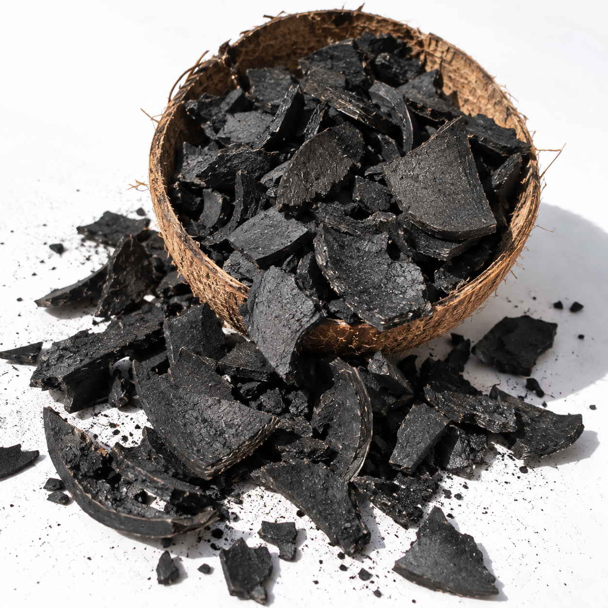 Coconut shell charcoal pieces in a wooden bowl